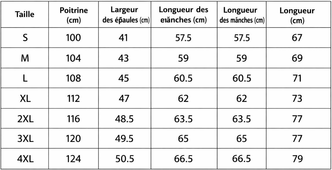 Tableau des tailles - Tailles FR avec mesures détaillées