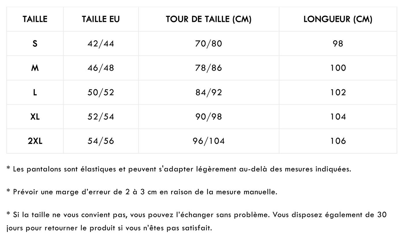 Tableau des tailles - Tailles FR avec mesures détaillées