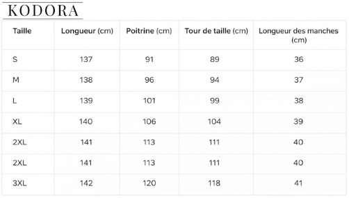Tableau des tailles - Tailles FR avec mesures détaillées